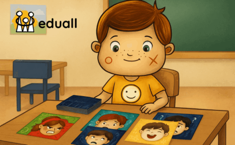 Ilustrace Edáčka ve školce, jak se učí pracovat s Eduall emočními kartami. Obrázek vizuálně podporuje téma emoční výchovy v MŠ prostřednictvím hry a příběhů.