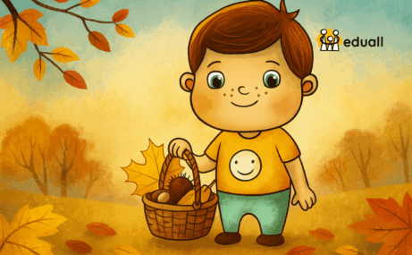 Ilustrace Edáčka, který venku sbírá barevné listy a objevuje podzimní přírodu. V pozadí jsou stromy, listí a přírodní prvky symbolizující učení v přírodě.