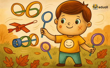 Ilustrace Edáčka a dětí ve školce, jak foukají barevné papírové objekty – osmičky, kruhy a letadélka z brček – při podzimním projektovém dni s názvem Foukej, foukej, větříčku.