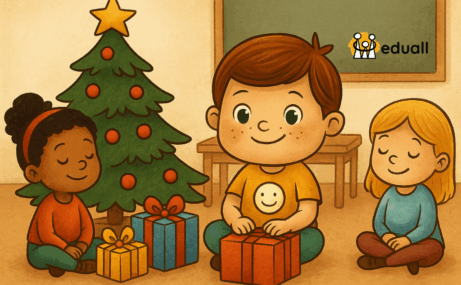 Digitální ilustrace Edáčka a dětí ve třídě u vánočního stromu s dárky, vytvořená pro článek Eduall o tipech na vánoční dárky pro děti.
