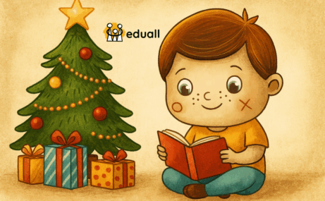 Digitální ilustrace Edáčka, který sedí u vánočního stromečku a čte knížku, kolem něj jsou dárky. Vánoční atmosféra v teplých barvách, vhodné jako ilustrační obrázek k článku o tipech na knížky pro děti.