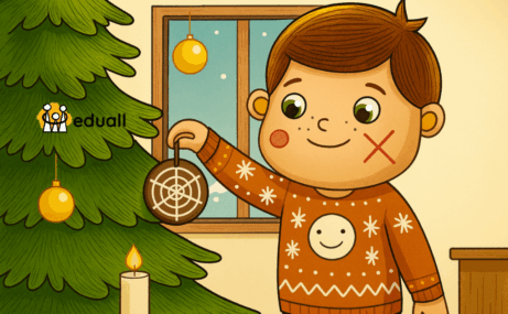 „Edáček s dětmi ve vánoční atmosféře ve školce, tvoření podle světových vánočních tradic, ilustrace Eduall.“