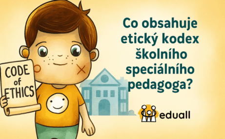 Ilustrace postavičky Edáčka a školního poradenského týmu, který společně tvoří Etický kodex školního speciálního pedagoga u stolu plného papírů, kávy a symbolů spolupráce.
