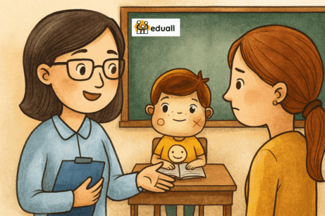 Ilustrace učitelky, která komunikuje s rodičem, zatímco Edáček sedí v lavici ve třídě – téma komunikace s rodiči dětí se specifickými potřebami.