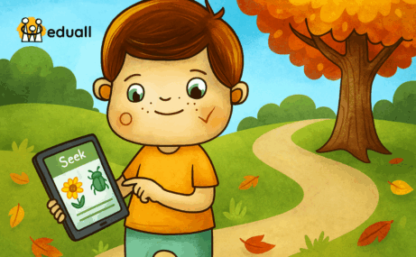 Edáček a děti objevují přírodu pomocí tabletů – učí se informatiku venku s aplikací na rozpoznávání rostlin. Ilustrace Eduall s podzimní atmosférou.