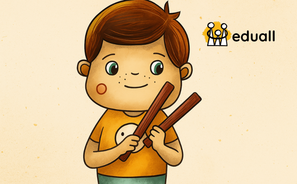 Ilustrace chlapce Edáčka z Eduall, který s úsměvem hraje na dřívka ve školní hudební třídě. Kolem něj létají barevné noty a děti rytmicky tleskají. Veselá a hravá scéna podporující rozvoj hudebního vnímání u dětí.