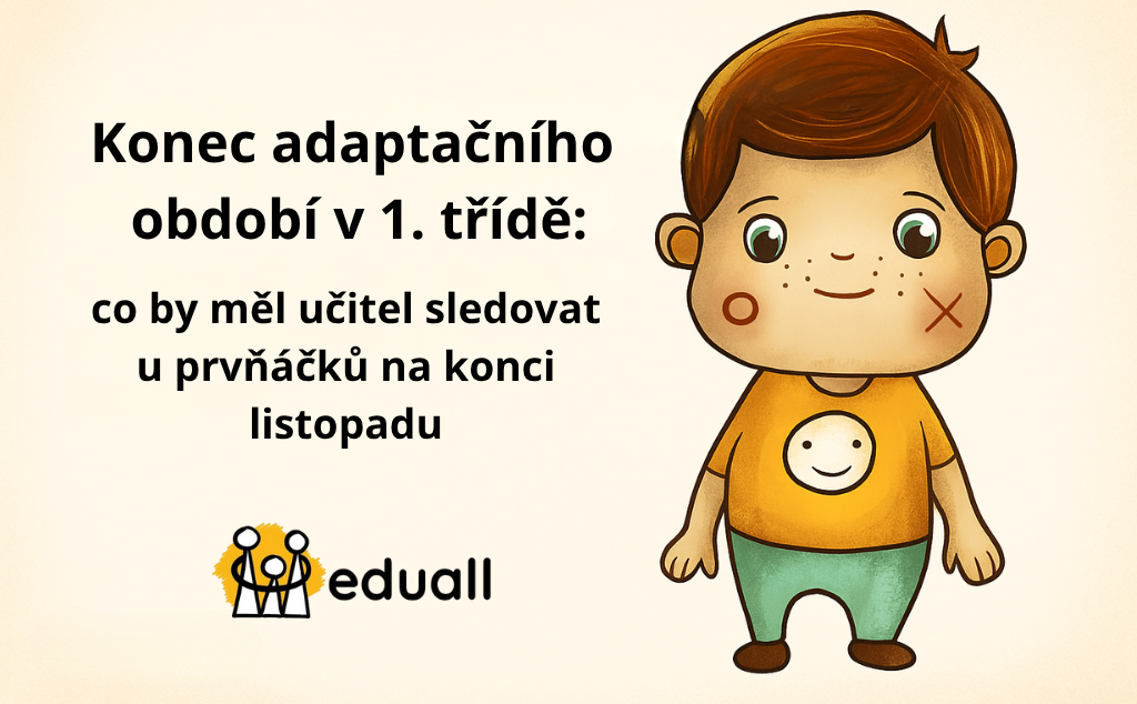 Digitální ilustrace chlapce Edáčka sedícího ve třídě vedle empatické učitelky, která se k němu sklání a povzbuzuje ho. Na tabuli visí podzimní listy a obrázky dětí, atmosféra je klidná a hřejivá.