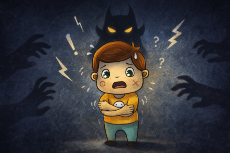 Ilustrace postavičky Edáček prožívající strach, kolem něj symbolické stíny a nejistota, znázornění práce s emocí strachu u dětí.