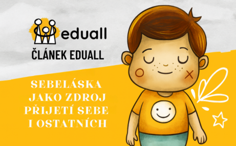Ilustrace Edáčka od Eduall s jemně zavřenýma očima na žlutém podkladu, symbolizující téma sebelásky, přijetí a psychického zdraví dětí.