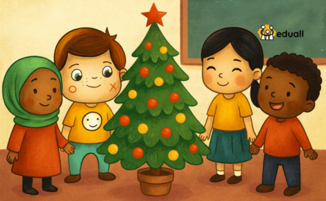 Ilustrace dětí různých národností stojících kolem malého vánočního stromku ve třídě, mezi nimi postavička Edáček.