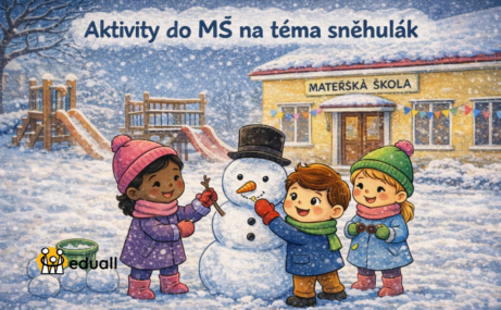 Ilustrace dětí z mateřské školy stavějících sněhuláka na zasněženém hřišti, mezi nimi postavička Edáček, v pozadí budova MŠ.