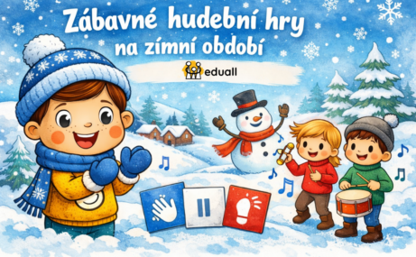 Ilustrace zimních hudebních her pro děti – Edáček a děti hrající na hudební nástroje ve sněhové krajině