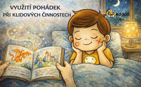 Edáček poslouchá pohádku před spaním, leží v posteli a sleduje otevřenou knihu s pohádkovým příběhem, ilustrace k tématu využití pohádek při klidových činnostech ve třídě.