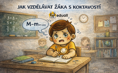 Chlapec Edáček sedí ve školní lavici a s obavami se snaží promluvit, nad hlavou má bublinu s naznačeným zadrháváním řeči; ilustrace symbolizuje podporu žáka s koktavostí ve třídě.
