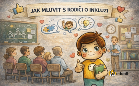 Ilustrace Edáčka ve třídě při diskusi s rodiči o inkluzi, učitel vysvětluje principy společného vzdělávání v české škole.