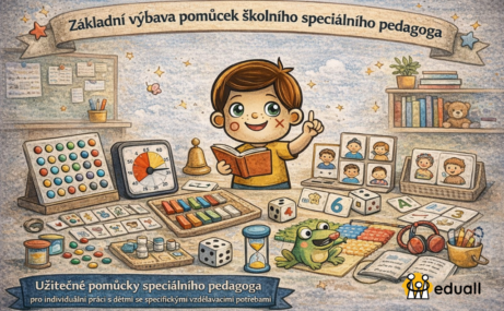 Ilustrace Edáčka obklopeného speciálně pedagogickými pomůckami – kartičky, časovač, kostky, hudební nástroje, grafomotorické pomůcky a didaktické hry pro podporu dětí se speciálními vzdělávacími potřebami.