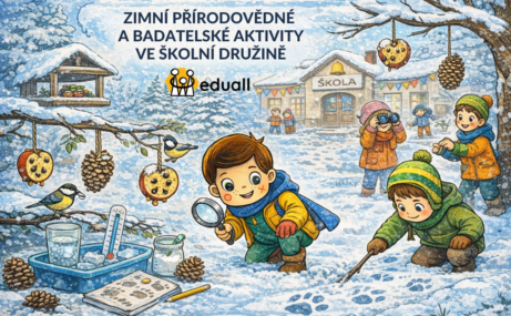 Edáček a děti ve školní družině pozorují přírodu v zimě, stopy ve sněhu a krmí ptáky