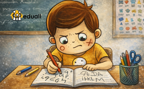 Chlapec Edáček sedí ve školní lavici a píše do sešitu neúhledná písmena, ilustrace potíží v písemném projevu žáků z pohledu speciální pedagogiky.