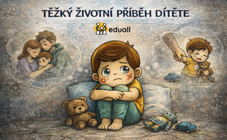 Edáček sedí smutně na zemi s plyšovým medvídkem, kolem něj jsou náznaky vzpomínek na rodinu a těžké zážitky – ilustrace k tématu zpracování traumatu a těžkého životního příběhu dítěte.