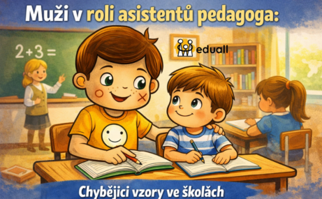 Ilustrace Edáčka jako asistenta pedagoga sedícího vedle dítěte v lavici ve třídě a pomáhajícího mu s učením.