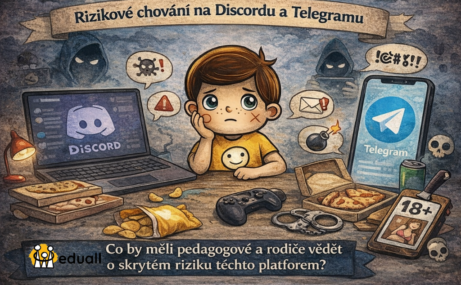 Ilustrace Edáčka sedícího mezi notebookem s aplikací Discord a telefonem s aplikací Telegram, obklopeného varovnými symboly znázorňujícími rizika online prostředí pro děti a dospívající.