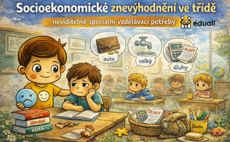 Ilustrace Edáčka ve třídě, který podporuje žáka se socioekonomickým znevýhodněním a pomáhá mu při školní práci.