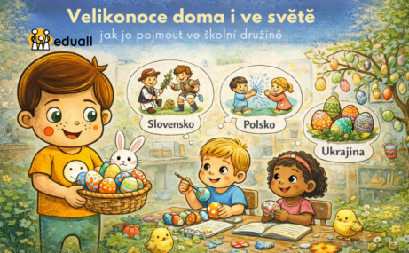 Ilustrace Edáčka s dětmi při velikonočních aktivitách ve školní družině, zdobení vajíček a poznávání tradic z různých zemí.