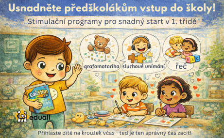 Ilustrace Edáčka s předškolními dětmi při stimulačních aktivitách zaměřených na grafomotoriku, sluchové vnímání a rozvoj řeči před nástupem do školy.