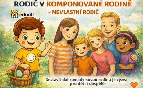 Ilustrace Edáčka s členy komponované rodiny, nevlastní rodič a děti společně tráví čas a budují vztahy.