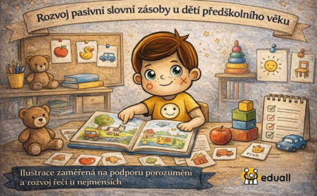 Ilustrace Edáčka u stolu s obrázkovou knihou a kartičkami se slovy a obrázky, která znázorňuje rozvoj pasivní slovní zásoby u dětí předškolního věku prostřednictvím her, obrázků a společného čtení.