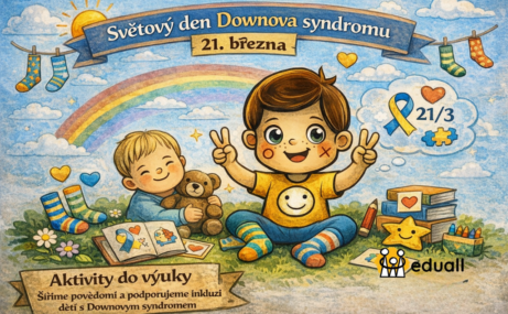 Ilustrace Edáčka s dětmi a barevnými ponožkami připomínající Světový den Downova syndromu 21. března a podporu inkluze ve škole.