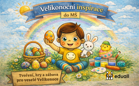 Ilustrace Edáčka s velikonočními vajíčky, zajíčkem a tvořivými pomůckami pro velikonoční aktivity v mateřské škole.