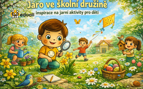 Ilustrace Edáčka s dětmi při jarních aktivitách venku, pozorování květin, hry a tvoření ve školní družině.