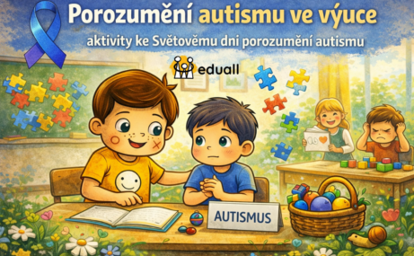 Ilustrace Edáčka ve třídě, který podporuje dítě při aktivitách zaměřených na porozumění autismu a empatii mezi žáky.