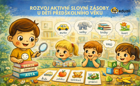 Ilustrace Edáčka s předškolními dětmi při rozvoji slovní zásoby pomocí obrázků, knih a jazykových her.