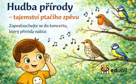 Edáček poslouchá zpěv ptáků v přírodě, ilustrace ukazuje hudbu přírody a ptačí zpěv s notami kolem ptáků