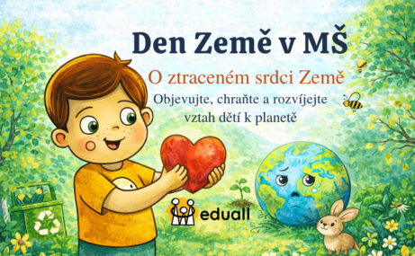 Chlapec Edáček drží srdce Země a pomáhá planetě v přírodě během Dne Země ve školce
