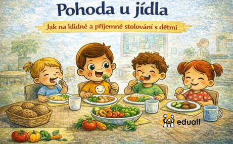 Děti včetně Edáčka společně stolují u jídla v klidné a přátelské atmosféře, téma pohoda u jídla ve školce