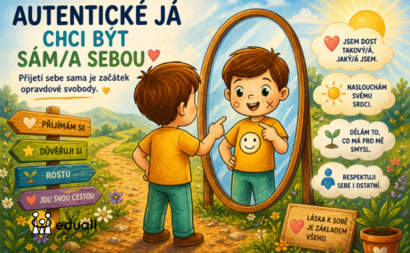 Ilustrace Edáčka před zrcadlem v přírodě symbolizující autenticitu, sebelásku a cestu k vlastnímu já