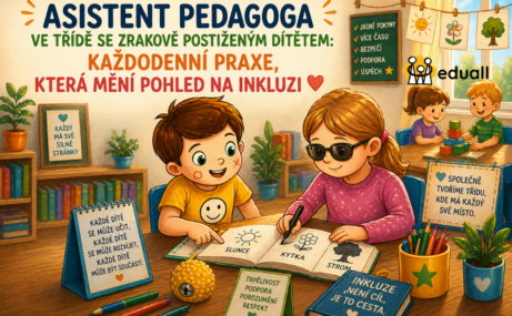 Ilustrace inkluzivní třídy s asistentem pedagoga a dítětem se zrakovým postižením při společné práci, podpora a spolupráce ve výuce