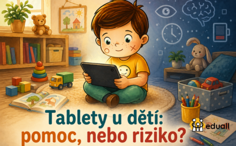 Ilustrace dítěte s tabletem v dětském pokoji, kontrast mezi digitálními technologiemi a klasickými hračkami, vliv obrazovek na vývoj dětí