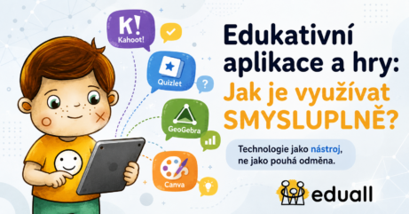 Ilustrace Eduall s maskotem Edáčkem držícím tablet a ikonami vzdělávacích aplikací Kahoot!, Quizlet, GeoGebra a Canva. Grafika upozorňuje na smysluplné využívání edukativních aplikací a her ve vzdělávání dětí.