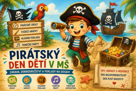 Ilustrace pro článek Eduall „Pirátský den dětí v MŠ“ s Edáčkem převlečeným za piráta na tropickém ostrově. Na obrázku je pirátská loď, truhla s pokladem, papoušek a barevné prvky symbolizující dětské soutěže, tvoření a dobrodružství.