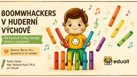 Kreslený maskot Edáček hraje na barevné hudební trubice Boomwhackers. Horizontální ilustrace k článku na Eduall o využití rytmických a melodických pomůcek v hudební výchově a při skupinových hrách dětí.