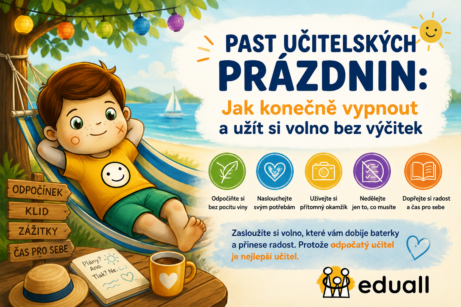Ilustrace Eduall s maskotem Edáčkem odpočívajícím v houpací síti u moře během letních prázdnin. Grafika upozorňuje na téma učitelského odpočinku bez pocitu viny a obsahuje tipy pro wellbeing, relaxaci a načerpání energie během volna.