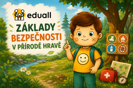 Ilustrace Eduall k tématu bezpečnosti dětí v přírodě. Maskot Edáček stojí na lesní stezce s batohem a ukazuje na základní pravidla bezpečného pobytu v přírodě. Vedle něj jsou symboly první pomoci, mapy, kompasu, pitného režimu, zákazu používání mobilního telefonu a bezpečného rozdělávání ohně. V pozadí je les, potok a logo Eduall.