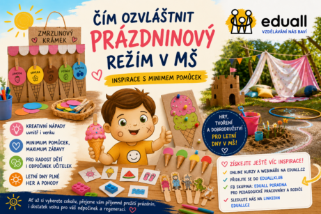 Ilustrace Edáčka s tipy na kreativní prázdninové aktivity v mateřské škole – zmrzlinový krámek, tvoření, hry venku i uvnitř.