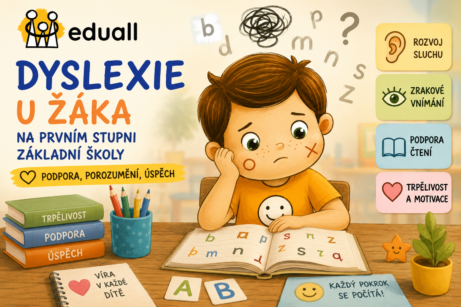 Ilustrace Edáčka jako žáka s dyslexií při čtení ve škole. Článek Eduall o projevech dyslexie, podpoře čtení a praktických doporučeních pro pedagogy prvního stupně základní školy.