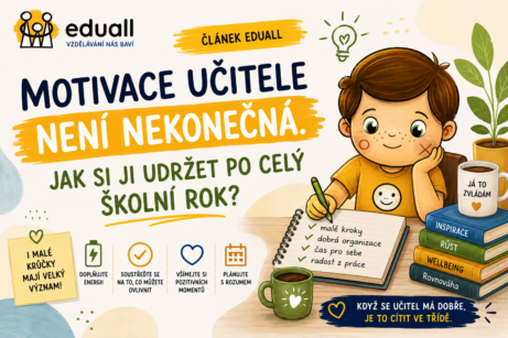 Ilustrace Edáčka jako učitele s plánovačem a šálkem kávy. Článek Eduall o tom, jak si učitelé mohou udržet motivaci, energii a psychickou pohodu během celého školního roku.