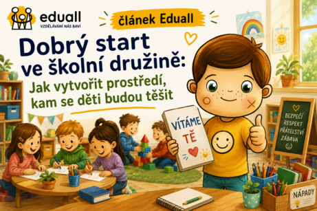 Ilustrace Edáčka ve školní družině mezi dětmi na začátku školního roku. Článek Eduall o tom, jak vytvořit bezpečné a přátelské prostředí, kam se děti budou těšit.